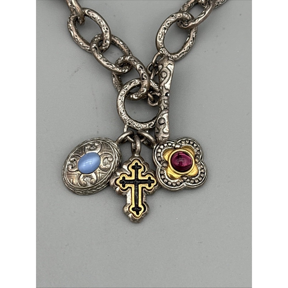 Toggle Necklace With‎ Three Charms Cross 8.5" Silver Tone
